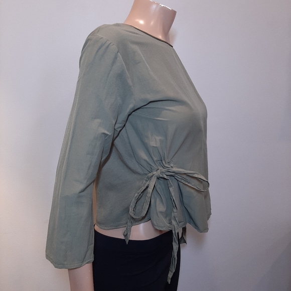 ZARA Side Tie Top Cropped Sleeve Stretchy Olive Army Crew Neck Blouse - Picture 7 of 10